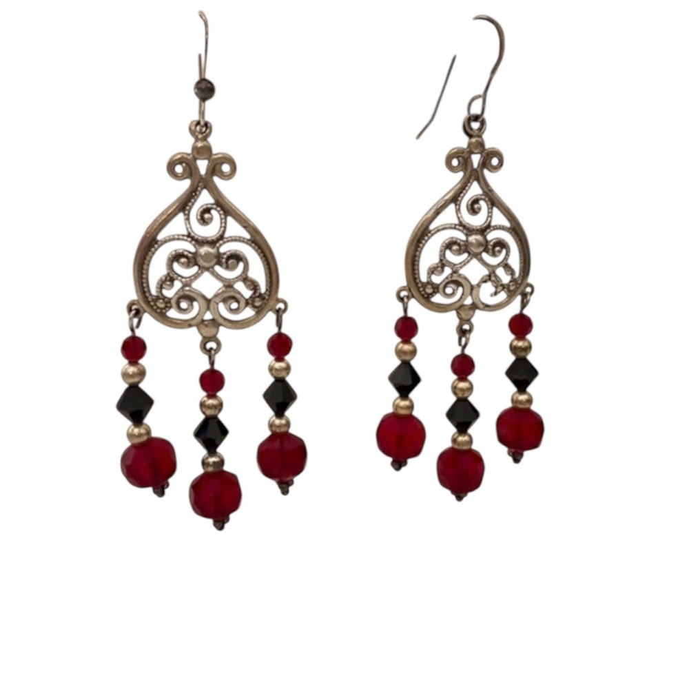 925 Sterling Silver Red Black Crystal Chandelier Drop Statement Earrings NEW